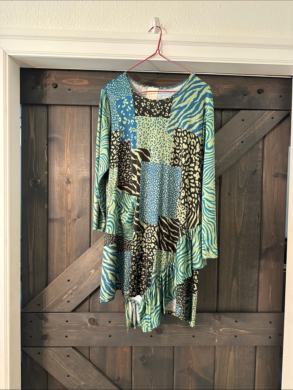 Women's Patchwork Animal Print Tunic Top - Teal Multi
